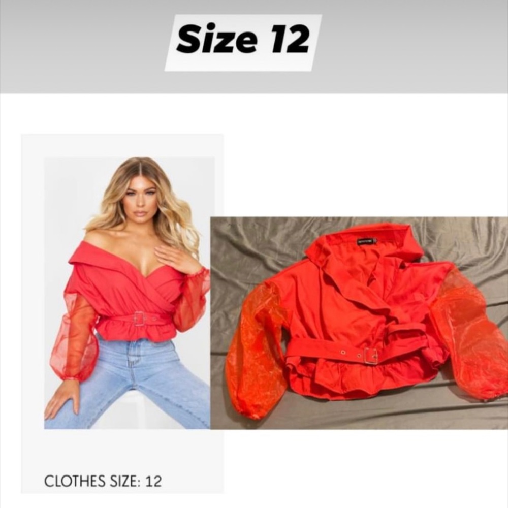 Red Bardot organza sleeve belted top
